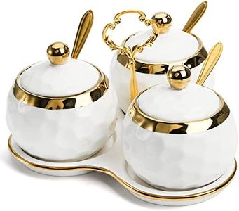 ZENFUN Set of 3 Ceramic Condiment Pots with Trays, Condiment Jars Containers with Lids and Spoons, Porcelain Sugar Salt Bowls Set, White Spice Seasoning Box for Kitchen, Restaurant, Counter, Home