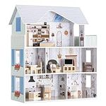 Navaris Wooden Dolls House - 3 Storey Wood Dollhouse with Toy Furniture and Soft Accessories - Doll House with 5 Rooms and Balcony - 69.5 x 62 x 27cm