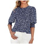 AMhomely Women Blouse Summer Shirts Casual Boho Floral Print Crew Neck Short Sleeve Loose Blouses Shirts Tops Loose Flowy Tops Stretchy Shirts Elegant Blouse Ladies Tops Trendy Tshirts, 1# Navy