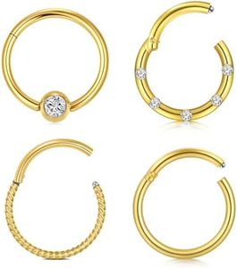 D.Bella 16G CZ Septum Ring Septum Piercing Stainless Steel Septum Clicker Ring Hinged Nose Ring Daith Earrings Conch Piercing Jewelry Helix Cartilage Tragus Lobe Belly Hoop Earring Gold 10mm