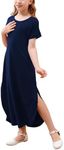 GORLYA Girls Modest Elegant Split Curvy Hem Casual Loose Long Maxi Straight Dress with Pockets 4-14Y, Navy, 14 Years