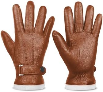 Harssidanzar Leather Gloves Man,Genuine Leather Warm Cashmere Lined Touchscreen Texting Gloves for Driving KM051CA,Camel,Size XL