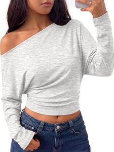 Trendy Queen Off the Shoulder Tops Cinched Waist Asymmetrical Long Sleeve Shirts for Women Trendy 2026 Fall Fashion Outfits Going Out Wrap Ruched Crop Cute Casual Tops Y2k Clothes Oatmeal Grey L