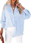 Women's Smocked Cuffed Striped Boyfriend Shirt with Pocket Casual Collar Long Sleeve Blouse Tops for Pocket Shirred, Blue, X-Large