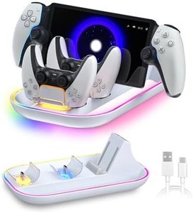 Charging Dock Station for PlayStation Portal and PS5 Controller, 3-in-1 Charging Stand for PS Portal Remote Player with 14 RGB Light and Type-C Cable, Stand Holder for PS Portal - White