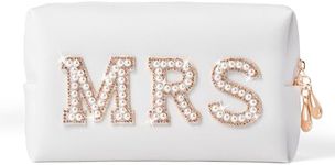 Y1tvei Gold MRS Letter Patch Cosmetic Toiletry Bag Pearl Rhinestone Varsity, PU Leather Bride Makeup Bag Waterproof Portable Zipper Small Clutch Purse Travel Organizer for Women Girls