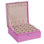 BEWISHOME Earring Organizer Holder for Girls - 50 Slots Case, 6 Necklace Hooks, 2 Stackable Trays - Pink Jewelry Box for Girls Women, Faux Leather SSH11F