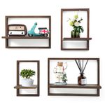 Square Floating Shelves,Plants Hanging Display Wall Shelf Set of 4 for Livingroom Bedroom Bathroom Farmhouse Art Decor Storage Modern,Home Decorative Light Wood,Dark Walnut