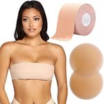 Bureaucrat Nipple Cover Silicone Pasties Reusable No Show Bra for Women (skin friendly self adhesive washable breast petals lingerie, shoulder less backless dresses) -Thin (Boob Tape+Reusable Pasties)