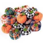 18 Pcs Thanksgiving Artificial Pumpkin Decoration Fabric Pumpkins Assorted Sizes Fabric Buffalo Plaid Pumpkins Mini Decorative Pumpkins for Thanksgiving Wedding Table Home Indoor Party (Simple)