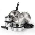 ROYDX 18/10 Stainless Steel Pan Set with Detachable Handles, 16 Piece Stackable Saucepan Set with Steamer, 24cm / 26cm Frying Pans with Pot for All Stoves inclu.Induction and Gas, Oven Proof