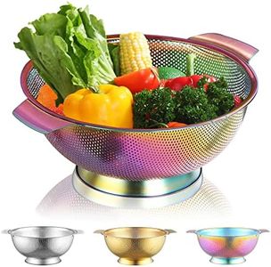 Kyraton Rainbow Colander 5 Quart, Professional Titanium Colorful Plating Stainless Steel Strainer with Heavy Duty Handles and Self Draining Solid Ring Base, Easy Clean and Dishwasher Safe