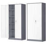 Greenvelly Metal Garage Storage Cabinet, 72” Steel Locking Storage Cabinet with 2 Doors and 4 Adjustable Shelves, Metal Tool Cabinets, Lockable File Cabinets for Home Office, Garage (Gray White)