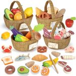 Lehoo Castle Wooden Play Food for Toddlers, Toys Food for Kids Kitchen Accessories, 4 Food Groups Pretend Cutting Fruits, Montessori Toys for Toddlers 2 3 4 Years Old Girls Boys