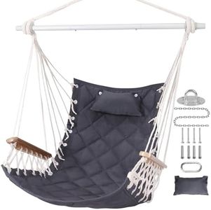 ROOITY Hammock Chair Hanging Swing with Wooden Armrests;Steel Spreader Bar,Pillows,Hardware kit Included;Cotton Woven Fabric;Up to 350 Lbs,for Indoor or Outdoor