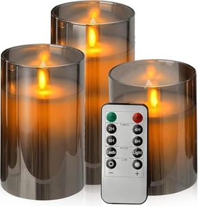 Flickering Flameless Candles, Most Realistic Swinging Wick LED Candles with Remote and Timer, Set of 3 Battery Operated Candles for Valentines Home Wedding Birthday Decoration(Grey)