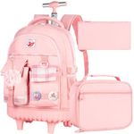 3PCS Rolling Backpack for Girls, Women Wheeled Bookbag with Lunch Box for Adults, Kids Water Resistant Roller School Bag for Teens Travel - Pink