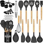 Umite Chef Kitchen Cooking Utensils Set, 24 pcs Non-Stick Silicone, Spatula Set with Holder, Wooden Handle Heat Resistant Kitchen Gadgets (Black)