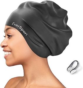 EverSport Extra Large Swim Cap for Braids and Dreadlocks, Silicone Swimming Pool Cap for Women Men Adult Long Thick Curly Hair Locs Anti Slip Ear Cover Waterproof Bathing Shower Cap Keep Hair Dry