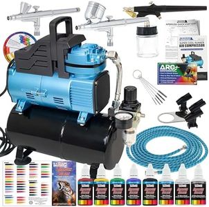 Master Airbrush Cool Runner Dual Fan Air Compressor with Storage Tank - Professional Airbrushing System Kit with 3 Airbrushes Gravity & Siphon Feed, 6 Primary Opaque Colors Acrylic Paint Art Set