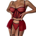 EVELIFE Sexy Lingerie for Women Sets with High Waisted Lace Mini Skirt Teddy Underwear Sets with Garter Belt No Stockings Wine Red