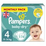 Pampers Baby Nappies Size 4 (9-14 kg/20-31 Lb), Baby-Dry, 174 Nappies, Monthly Savings Pack, Up to 12h of All-Around Leakage Protection