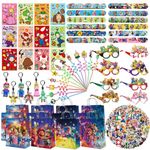 Super Bros Party Favors Set 126 PCS Birthday Party Supplies Contains 12 Reusable Straws, 12 Gift Bags, 50 Stickers, 12 Keychains, 16 Glasses, 12 Make a Face Stickers, 12 Palm Bracelet Gift Set