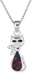 Gemstone Cute Sweet Animal Pet Sitting Kitten Kitty Kat Curious Black Created Opal Cat Dangle Necklace Pendant for Women Teen .925 Sterling Silver