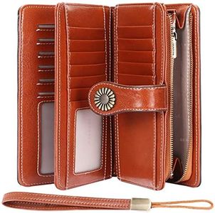 Portafoglio Donna Grande Capacità, Pelle Vera, Bloccaggio RFID, con Cerniera Tanti Scomparti (26 scomparti le carte di credito) Portamonete XXL (Marrone1)