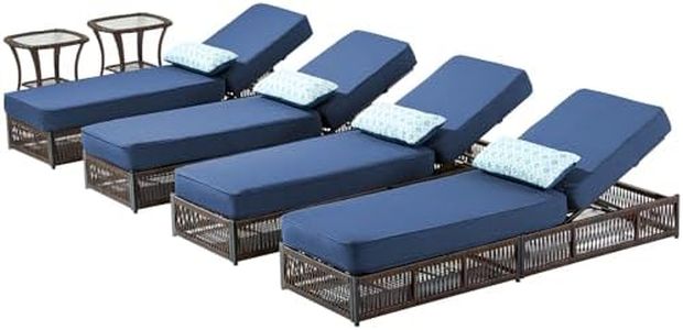ACTREST Luxury Outdoor Chaise Lounge Chairs of 4 with 5 Inch Thick Cushions and Side Table - 6 PCS High Back Brown Wicker Patio Recliners Lounger Furniture Set for Poolside Sunbathing - Navy Blue