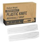 Individually Wrapped Plastic Knives 500 Pcs- White Medium Weight - Ideal for House Party, Backyard BBQ, Picnic, Home, Use.……