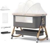 Jimberbay Baby Bassinet, 4 in 1 Bedside Cribs with 4D Air Fiber Mattress & Mosquito Net, Waterproof Mattress Bedside Sleeper Baby Cot with Height Adjustment & Storage Basket, Light Grey