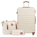 COOLIFE Suitcase Trolley Carry On Hand Cabin Luggage Hard Shell Travel Bag Lightweight with TSA Lock,Included 1pcs Travel Bag and 1pcs Toiletry Bag (White/Brown, 28 Inch Luggage Set)