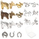 SUNNYCLUE 1 Box 72Pcs 18 Styles Horse Charms Bulk Tibetan Alloy Horse Horseshoes Charm Vintage Animal Pendants Horse Head Charms for Jewelry Making Earring Findings Keychain DIY Supplies Adult Women