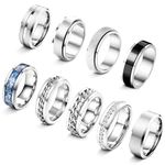 ADRAMATA 9Pcs Mens Rings Stainless Steel Rings for Men Women Vintage Thumb Rings Bands Wedding Rings Promise Engagement Rings Spinner Rings Fidget Rings Black Silver Rings Set Mens Rings Jewellery