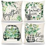 Dremisland Summer Pillow Covers 18x18 Set of 4 Buffalo Plaid Truck Eucalyptus Leaves Pillow Case Home Sweet Farmhouse Green Linen Cushion Case for Sofa Couch Indoor Outdoor Home Decor (18"X18", Green Eucalyptus)