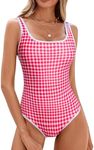 BMJL Women's Tummy Control Swimsuits Ribbed One Piece Bathing Suit Slimming High Cut Monokini Swimwear(S,Red Plaid)