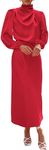 BTFBM Women's Mock Neck Satin Dress Elegant Long Sleeve Elastic High Waist Formal Wedding Cocktail Party Maxi Dresses(Solid Red, Medium)