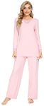 WiWi Bamboo Soft Pajamas Sets for Women Long Sleeve Sleepwear Lace V Neck Top with Pants Plus Size Loungewear S-4X, Pink, XX-Large