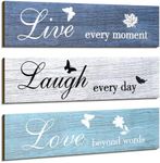 3 Pieces Rustic Wood Sign Wall Decor Live Love and Laugh Quote Sign Farmhouse Wall Mount Decoration for Home Office Wedding Kitchen and Living Room, 12 x 3 x 0.2 Inch (Blue Series)