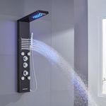 KINKIBOS Thermostatic Shower Tower Panel with LED, 6 Functions Shower Panel with Rain & Waterfall Shower, 2 Massage Sprays, Handheld Shower and Tub Spout, 304 Stainless Steel Shower Column, Black