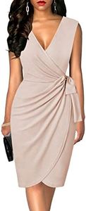 oten Womens Sleeveless Deep V Neck Sheath Knee Length Cocktail Party Work Faux Wrap Formal Dress, Nude Pink, Small