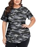 COOTRY Plus Size Workout Tops for Women Short Sleeve Loose fit Shirts Athletic Gym Yoga Clothes Gray Camo 2XL