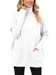 Famulily Knitted Sweaters for Women Full Sleeve Round Neck Solid Pullover Loose Cozy Casual Oversized Turtleneck Long Tops for Winter White M