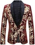 PYJTRL Men Fashion Velvet Sequins Floral Pattern Suit Jacket Blazer (Wine red 01, M)