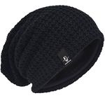 JESSE · RENA Men Slouchy Beanie Knit Skull Cap Lined Baggy Winter Hat Oversized CFB08 (Black-1)