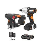 WORX 20V AXIS Precision Cutting Jigsaw Drill Driver WX914L Combo Power Tool Kit 2-tool, with 1/4 Inch Impact Driver, PowerShare,2*2.0Ah Batteries & charger Included