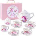 Kids Porcelain Tea Set Unicorn Gift for Girls 3 4 5 6 7 Years, Unicorn Ceramic Tea Set with Teapot, Tea Cups, Sugar Bowl, Creamer Pitcher, Carrying Case Princess Tea Time Pretend Play Toys Girls