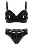 iiniim Women's Wet Look PVC Metallic Lingerie Set Shiny Bra Tops Mini Thong G-String Babydolls Set Black M