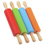 HAKZEON 4 Pack 23cm Mini Rolling Pins, Silicone Rolling Pin with Wooden Handle, Non-Stick Rolling Pin for Pastry, Dough and Pizza (Orange, Red, Blue, Green)